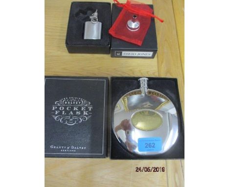 A Grants of Dalvey Royal Bank of Scotland pocket flask boxed, a David Jones keyring flask and a small funnel 