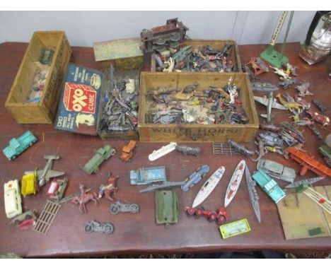 Diecast and plastic model vehicles, planes, farm animals, wild animals, lead soldiers, 0 gauge clockwork railway items and lo