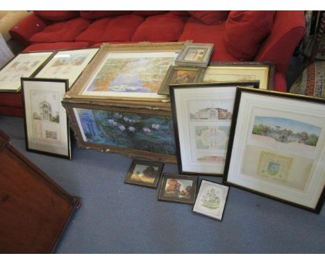 A quantity of paintings and prints to include five framed and glazed architectural prints 