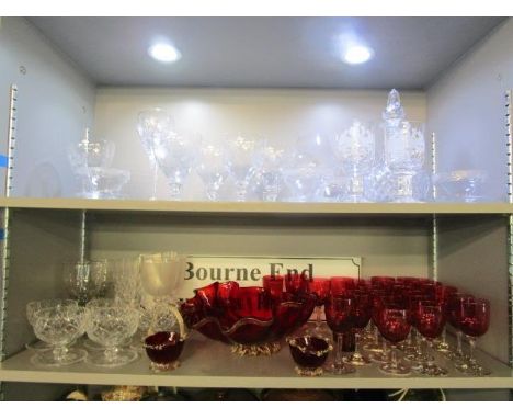 A quantity of glassware to include a various Victorian cranberry glass bowled glasses, Victorian ruby glass, a pair of Victor