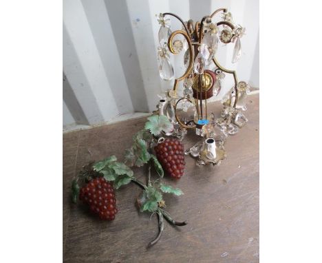 A crystal drop chandelier, together with a wall light having shades in the form of grapes 