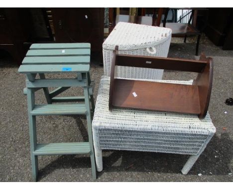 A mixed lot to include a Lloyd Loom basket and stool, a book stand and a painted folding ladder 