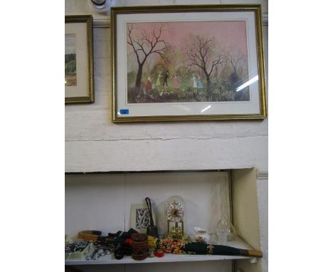 Mixed items to include a print after Helen Bradley, costume jewellery, an anniversary clock and other items 