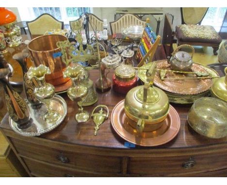 Mixed metalware to include a firescreen, a brass kettle, a silver plated tray and other items 