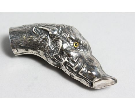 A SILVER BOAR'S HEAD WALKING STICK HANDLE.