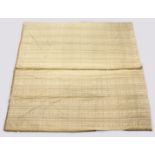 A PAIR OF FLORAL BROCADE CURTAINS, beige ground each with six vertical columns of floral swags. Each