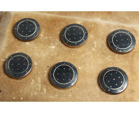 SIX SILVER AND ENAMEL SHIRT STUDS.