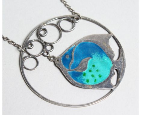 A SCOTTISH SILVER AND ENAMEL FISH PENDANT AND CHAIN.