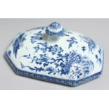 A BOW BLUE AND WHITE FENCE PATTERN TUREEN LID. 9.5ins long. Dr. C A Signy Collection, No. 333 and