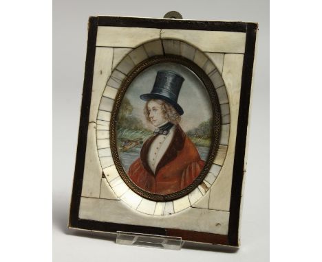 A GOOD PORTRAIT MINIATURE, half length of a young lady wearing a top hat, a duck flying from a lake. Oval 8cm x 6.5cm.