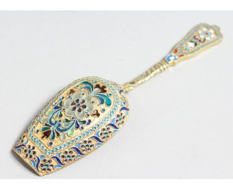 A RUSSIAN SILVER AND ENAMEL SHOVEL.  Mark 84,  13cm long.