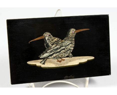 A GOOD 19TH CENTURY ITALIAN PIETRA DURA PANEL OF TWO BIRDS.  4ins x 6.25ins.