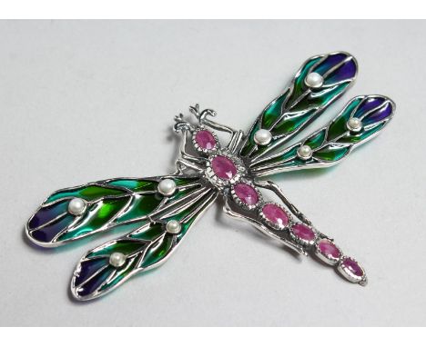 A LARGE SILVER, RUBY, PEARL AND ENAMEL DRAGONFLY BROOCH.