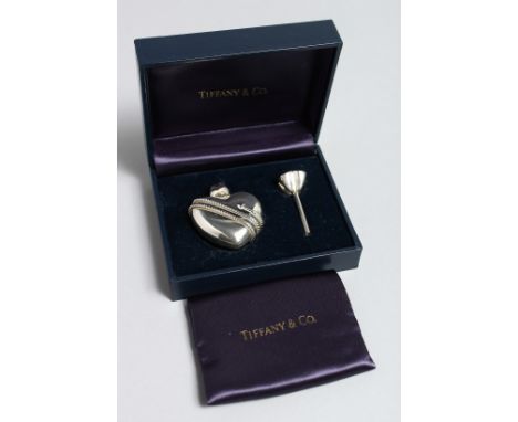 A TIFFANY &amp; CO. .925  SILVER HEART SHAPE SCENT BOTTLE AND FUNNEL in a blue Tiffany box and light blue outer box.