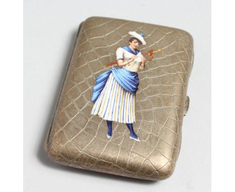 A FRENCH .800 SILVER AND ENAMEL CIGARETTE BOX the lid with a girl.  Maker C. A. S.  3.5ins long.