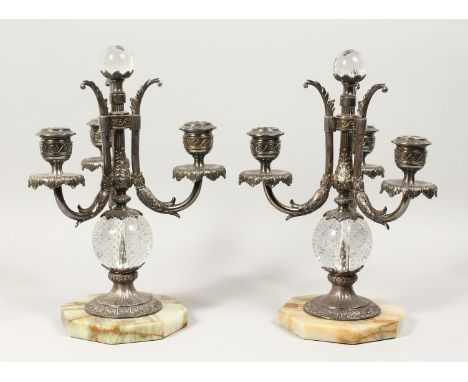  A GOOD PAIR OF SILVER PLATED, GLASS AND ALABASTER CANDELABRA, with three scrolling branches, glass sphere finials and body o