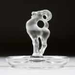 A LALIQUE CIRCULAR PIN TRAY of a deer. 3.5ins diameter.