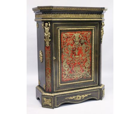 A LATE 19TH CENTURY "BOULLE" PIER CABINET the shaped top with ormolu frieze over a single cut brass inlaid panel door flanked