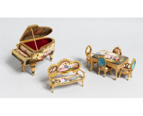 A SUPERB VIENNA ENAMEL SUITE OF MINIATURE FURNITURE comprising a grand piano with musical movement, 13cm long x 8.5cm wide x 