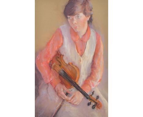 20th Century School, a portrait of a young lady holding a violin, pastel, indistinctly signed. 28" x 18.5".