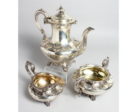 A WILLIAM IV THREE PIECE COFFEE SET by The Barnards, comprising coffee pot, sugar basin and milk jug.  London 1833.  Maker Ed