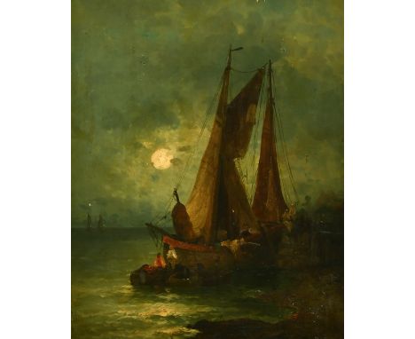 Rudolf Giffinger (19th Century), A Dutch barge unloading by moonlight, oil on panel, signed,. 20.5" x 16".