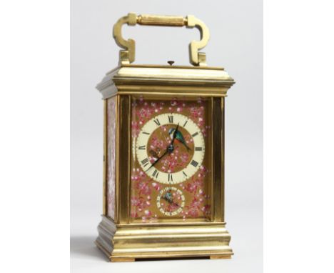 A SUPERB 19TH CENTURY FRENCH BRASS REPEATER CARRIAGE CLOCK.  Retailed by M Hayes &amp; Co. with porcelain panel painted with 