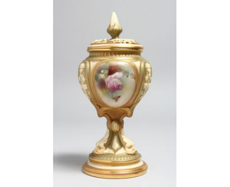 A ROYAL WORCESTER POT POURI VASE ON STAND with pierced cover, the sides painted with roses. No. 132., 7.5ins hgh.