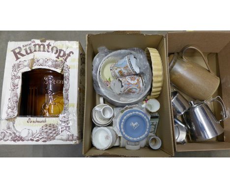 A collection of mixed china including Denby, Wedgwood, Royal Albert, a Rumtopf jar, boxed and a three piece stainless steel t
