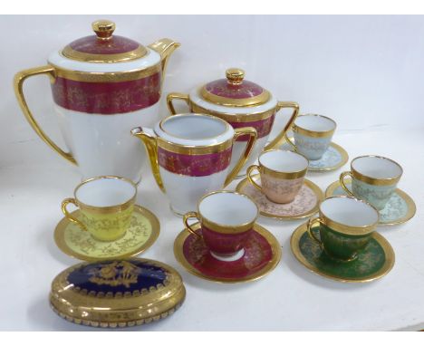 Six Limoges coffee cups and saucers, a three piece tea service and an oval trinket pot 