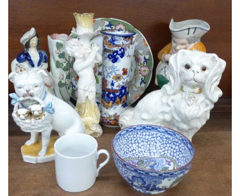 A collection of china including an Edward VII cup with portrait in the base, a Staffordshire Toby jug and other Staffordshire