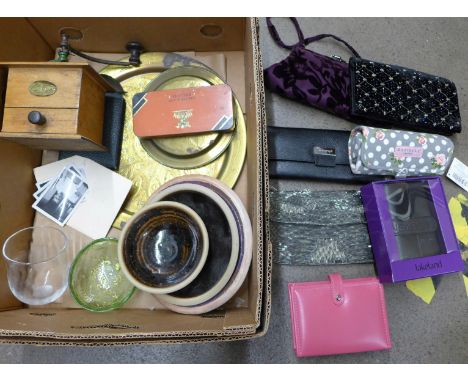 Assorted items including a coffee grinder, two stoneware studio bowls, copper tray, Jacob &amp; Co. biscuit tin, glass bowl, 