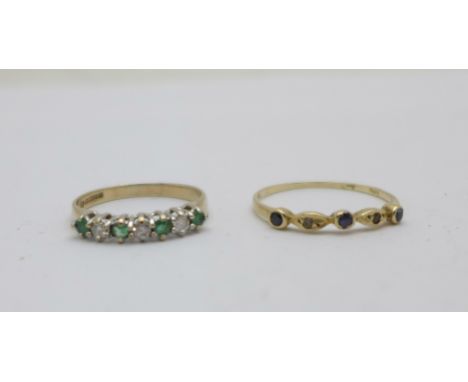 A 9ct gold, green and white stone ring and a yellow metal ring set with five stones, marked 585, total weight 1.8g, I and M