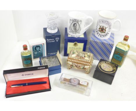 A Parker pen in original box, Swatch Watch (strap a/f) and other items including painted glass boxes 