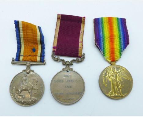 A set of three WWI medals including Army For Long Service and Good Conduct medal to 16297 Pte. F.G. Baxter, G. Gds. 