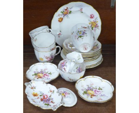 Royal Crown Derby Derby Posies teawares, six cups and saucers, side plate, three tea plates, cream and sugar, three trinket d