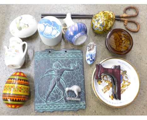A collection of china including a miniature Wedgwood teapot, a pair of ironing tongs and a Royal commemorative dish 
