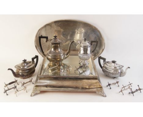 A large quantity of silver plated tableware, to include a mirrored cake stand, 51cm x 51cm, a large galleried tray, 61cm wide
