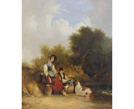 Circle of William Shayer Senior (British 1787-1879),Ladies and goat picnicking by a river,Oil on panel,Unsigned, inscribed 'S