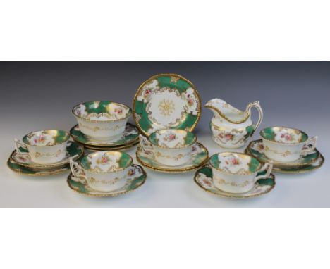 A Coalport green batwing part tea service, early 20th century, comprising: five teacups (one at fault), six saucers, six side