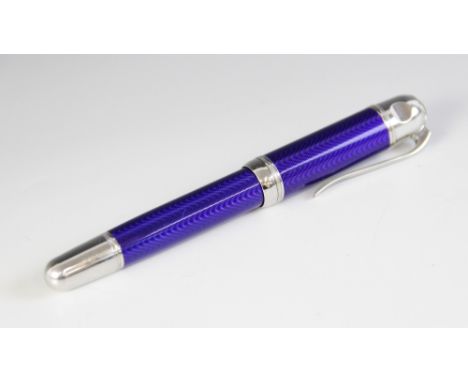 A Mont Blanc 'Jules Verne' Limited Edition fountain pen, the silver coloured case with blue guilloche enamel decoration, 18ct