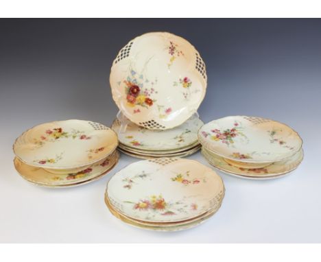 A Royal Worcester blush ivory part service, late 19th century, comprising two low tazzas (one at fault) and twelve plates, ea