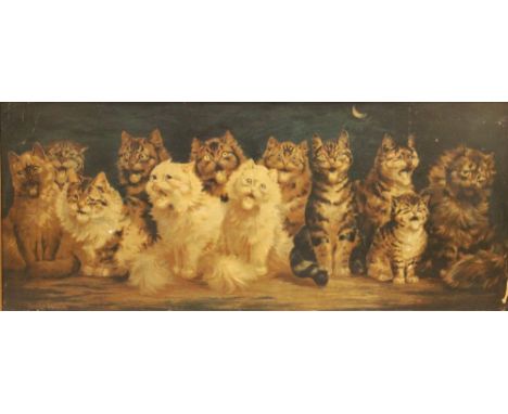 After Louis Wain (1860-1939),A chorus of twelve cats singing,Colour lithograph on board,Printed signature,41.5cm x 97cm,Frame
