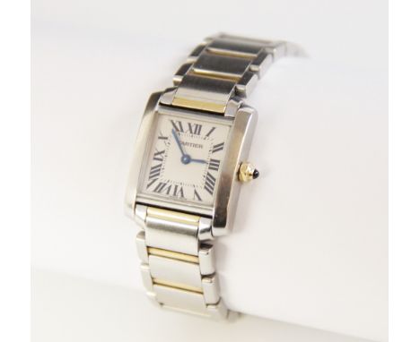 A Cartier Tank Francaise stainless steel ladies wristwatch, the square white enamel dial with black roman numerals, set to a 