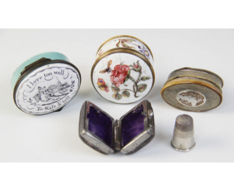 A Bilston enamel patch box, 19th century, the oval box titled to the cover 'I Love Too Well To Kiss And Tell', enclosing a mi