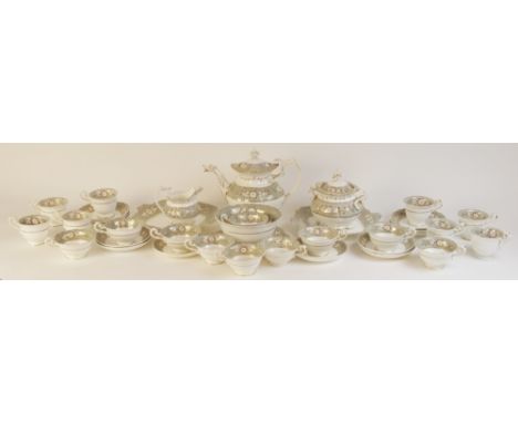 A English porcelain part tea service in the manner of Rockingham, 19th century, comprising: a teapot and cover, ten tea cups,