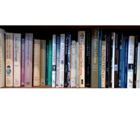 A collection of books on ceramic types, to include works on stoneware, delftware, mocha ware, lustre ware, creamware, spatter