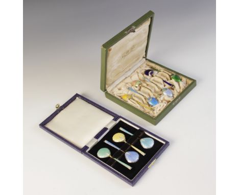 A cased set of six Danish enamelled silver gilt coffee spoons by Marius Hammer, each with engine turned decoration and polych
