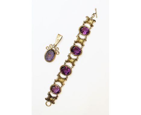 A Victorian style paste set bracelet, comprising four oval mixed cut purple paste, each measuring 16mm x 12mm, all set in yel