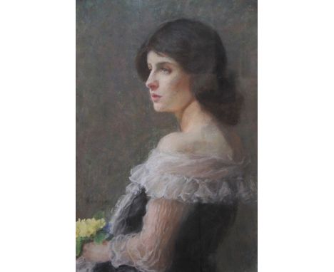 Elizabeth Adela Stanhope Forbes [nee Armstrong] (1859-1912),Pastel on paper,Portrait of a lady holding a posy,Signed lower le